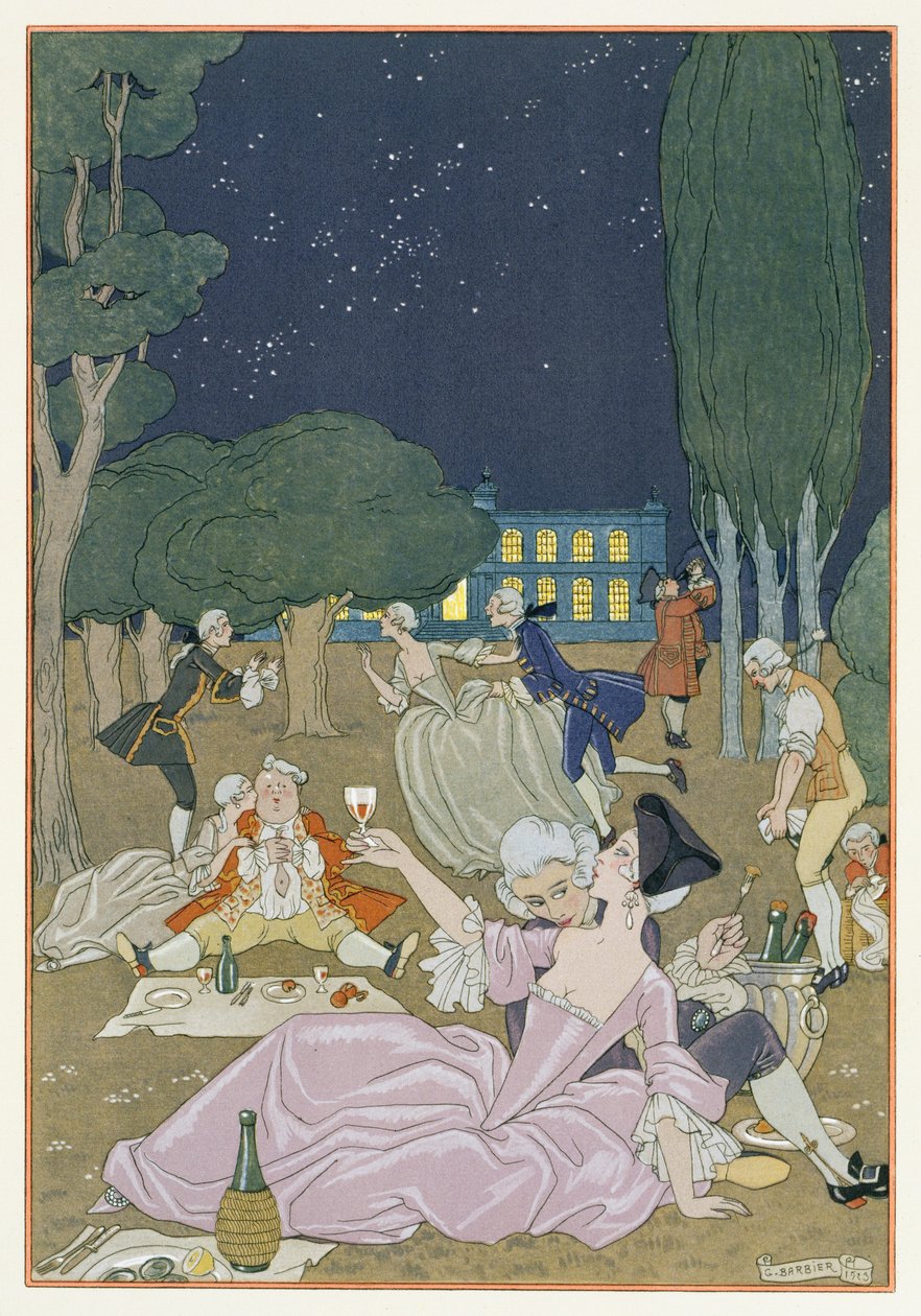 En el césped, ilustración para "Fetes Galantes" de Paul Verlaine (1844-96) 1923 (impresión en pochoir) de Georges Barbier