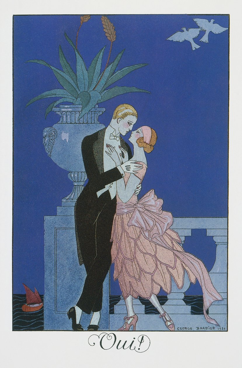Oui, Dos jóvenes prometidas en traje de noche, litografía de George Barbier (1882-1932), de Falbalas et Fanfreluches, Almanach des Modes Presentes, Passees et Futures de Georges Barbier