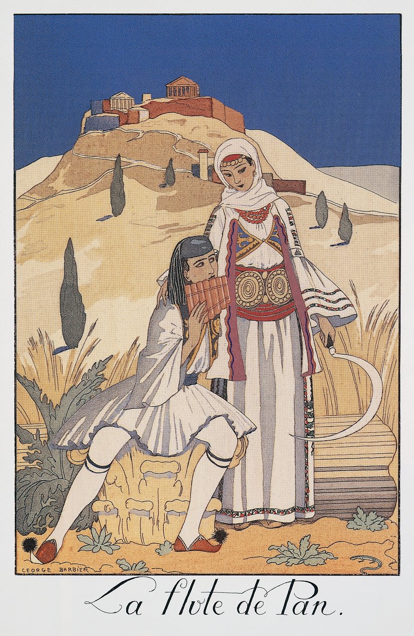 Flauta de pan con trajes tradicionales griegos de Georges Barbier