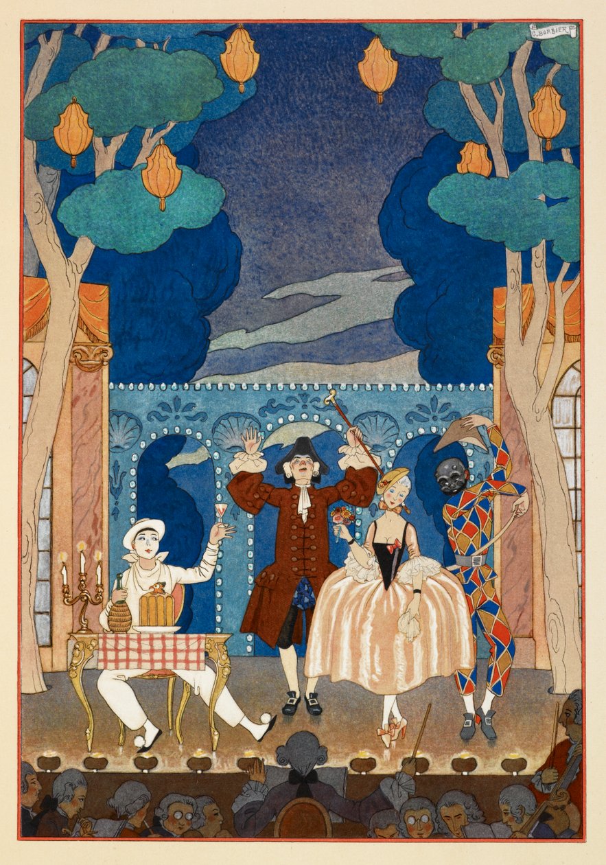 Pantomima. Pierrot y Arlequín. Un hombre y una mujer bonita. Todo en un escenario. de Georges Barbier