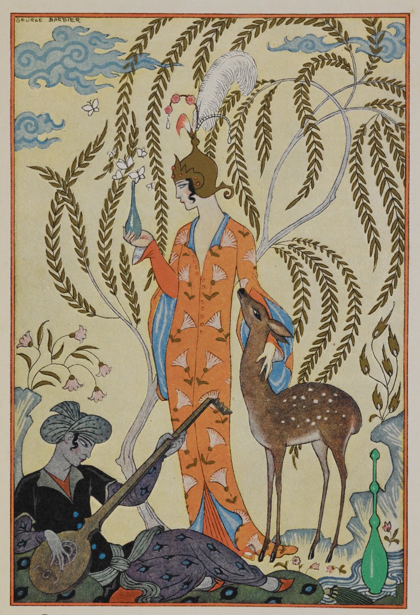 Persia. Una mujer con un cervatillo. Un músico. de Georges Barbier