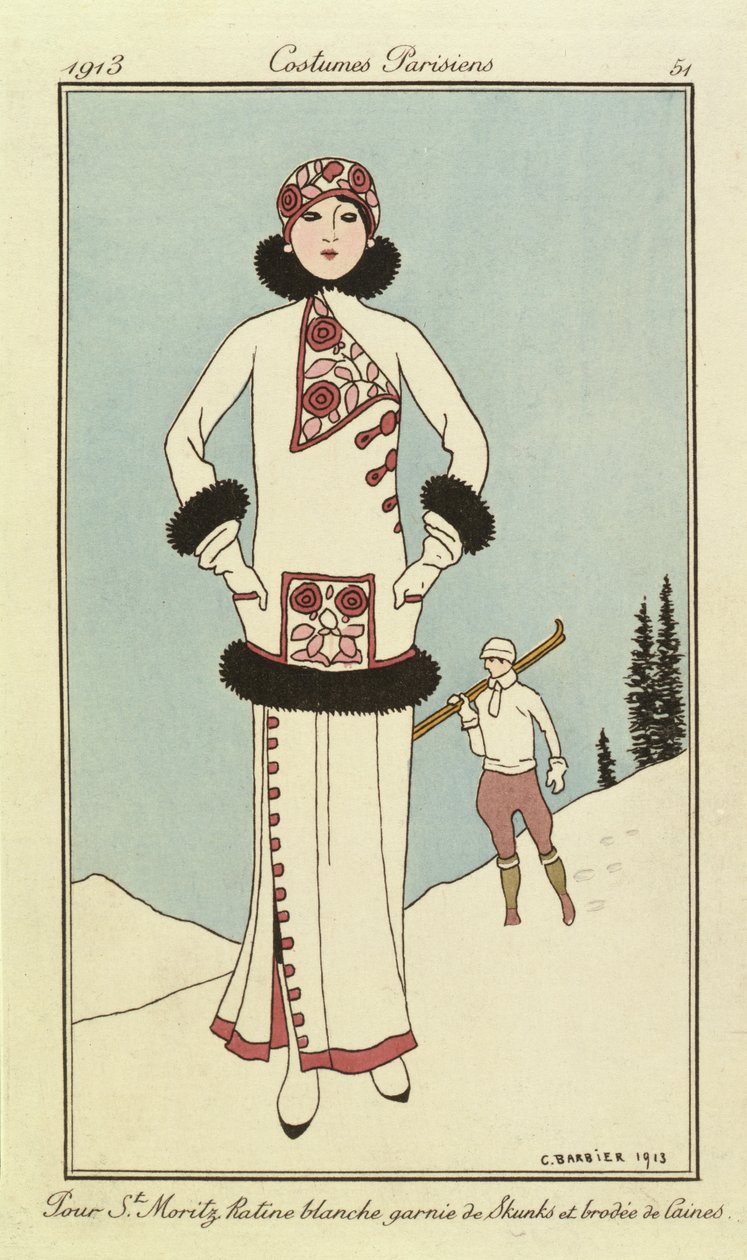 Pour St.Moritz, Plato de "Costumes Parisiens" de Georges Barbier