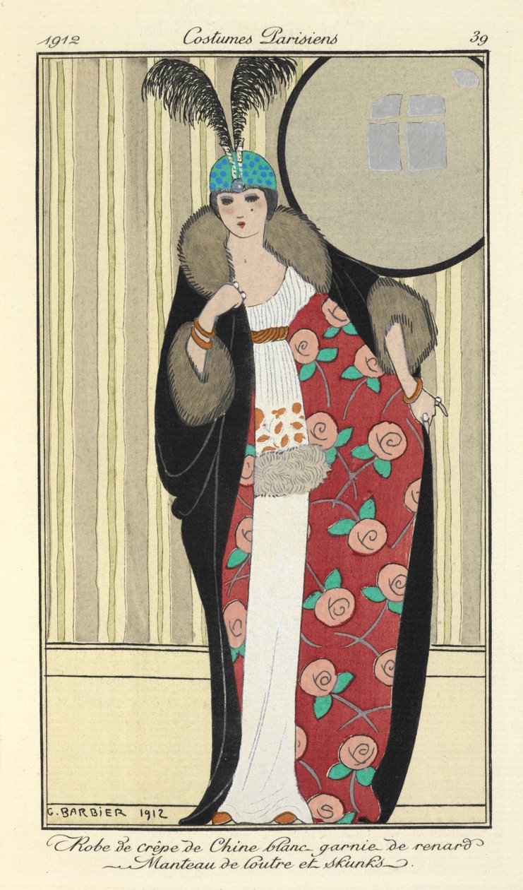 "Vestido de crepe de chine blanco con ribetes de zorro. El pelaje de las nutrias y las mofetas". de Georges Barbier
