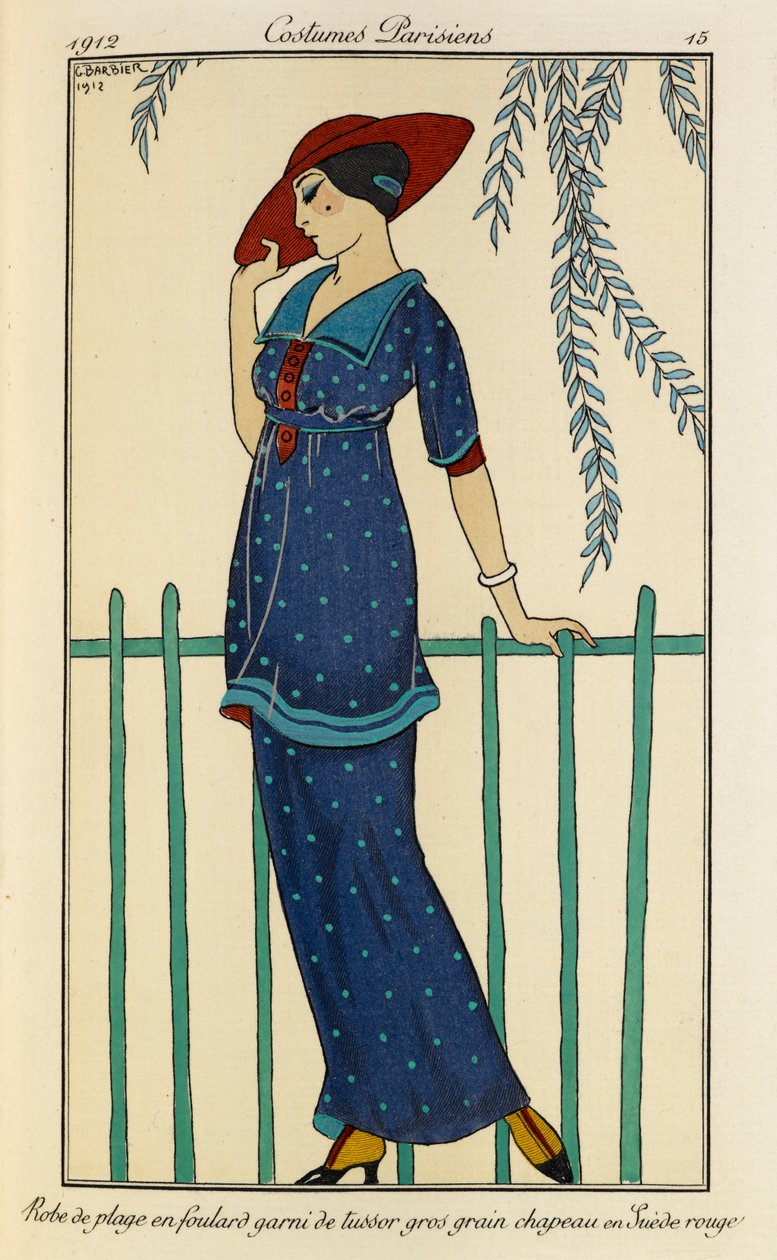 Bata de playa en foulard garni de tussor gros grain chapeau en Suède rouge. Costumes Parisiens nº 15. Mujer con vestido de playa y pañuelo de seda cruda ribeteado de grosgrain en azul moteado y sombrero rojo. de Georges Barbier