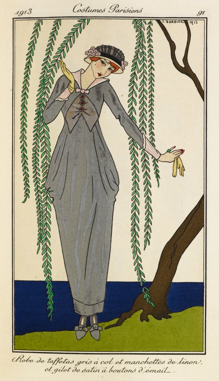 Vestido de tafetán con cuello gris y manchetas de lino y chaleco de raso con botones de esmalte. Mujer con vestido de tafetán con cuello gris y puños de lino y chaleco de raso con botones de esmalte. Trajes parisinos nº 39 de Georges Barbier
