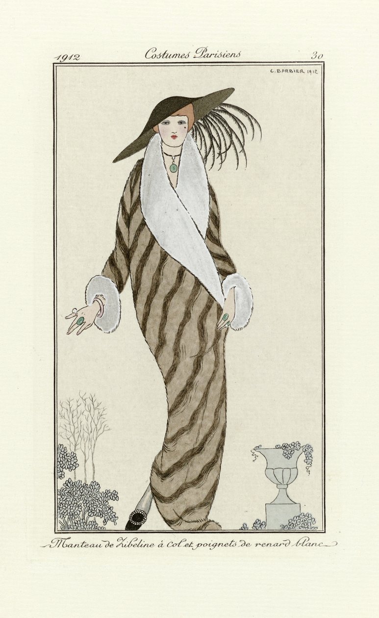 Abrigo de marta con ribetes de zorro blanco, de Costumes Parisien, pub.1912 (impresión de pochoir) de Georges Barbier