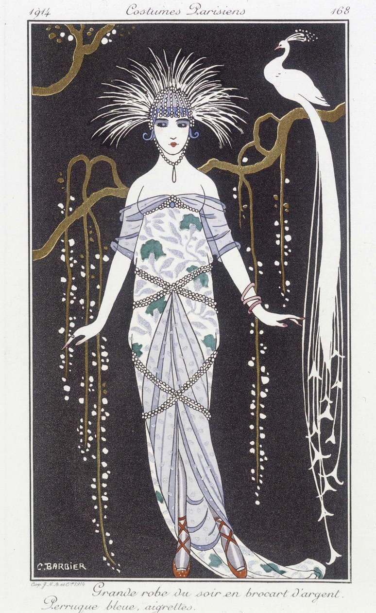 Vestido de noche de brocado plateado y peluca - Ilustración de George Barbier (1882-1932). en "Journal des dames et des modes: Costumes Parisiens" de Georges Barbier