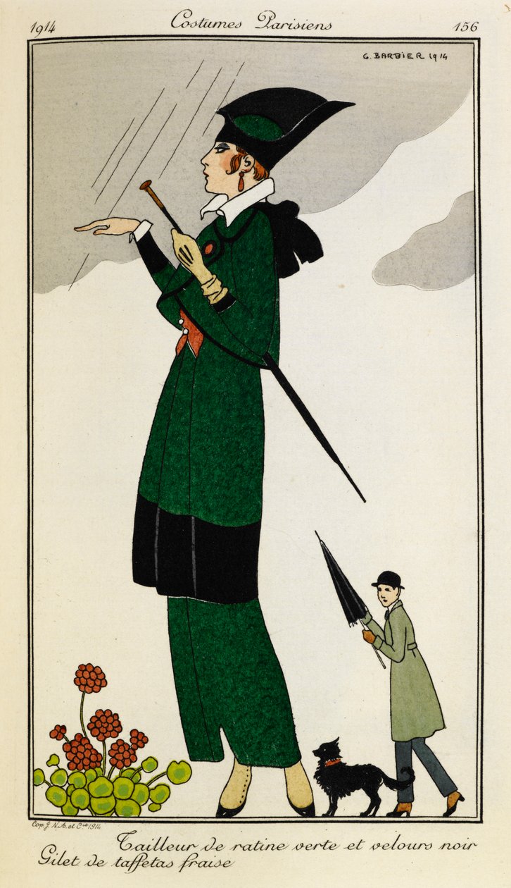 Sudadera de rata verde y terciopelo negro. Gilet de taffetas fraise. Mujer con un traje de seda verde y negra, con un chaleco de seda de paja. Persona con gabardina con un paraguas y un perro al fondo. Trajes parisinos. de Georges Barbier