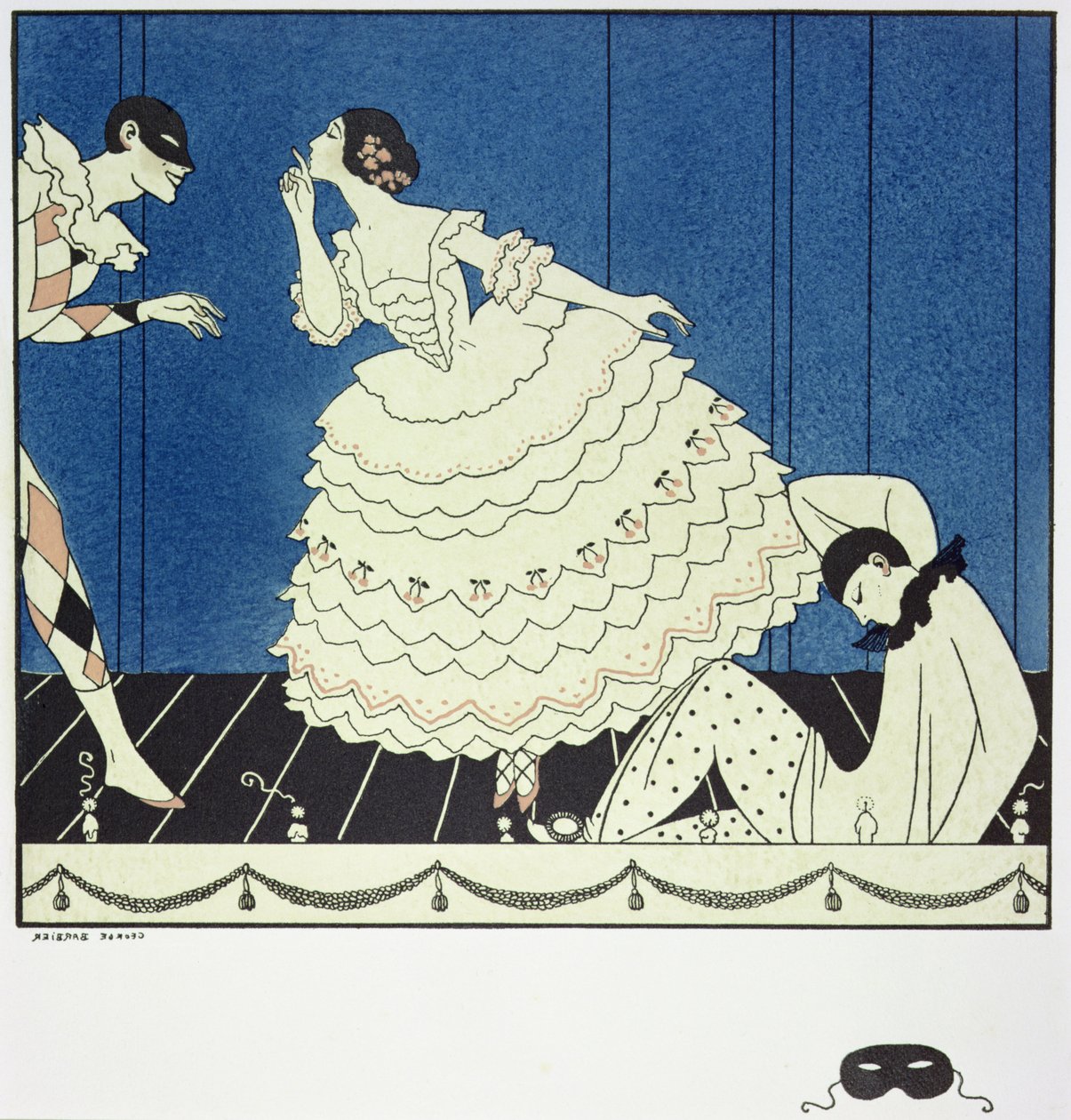 Tamara Karsavina (1885-1978) como Columbine, Vaslav Nijinsky (1890-1950) como Arlequín y Adolph Bolm (1884-1951) como Pierrot en el "Carnaval" de Fokine en 1910, pub. 1914 (impresión en pochoir) de Georges Barbier
