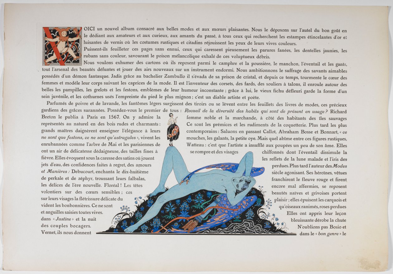 Texto y una figura desnuda, coloreada en azul. de Georges Barbier