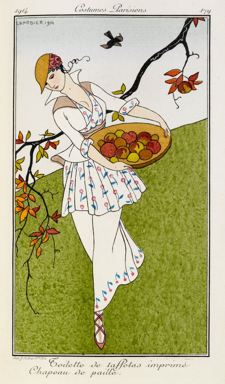 Toilette de taffetas imprime chapeau de paille. Costumes Parisiens nº 179. Mujer con traje de seda estampada y sombrero de paja. Lleva un cuenco de fruta. de Georges Barbier