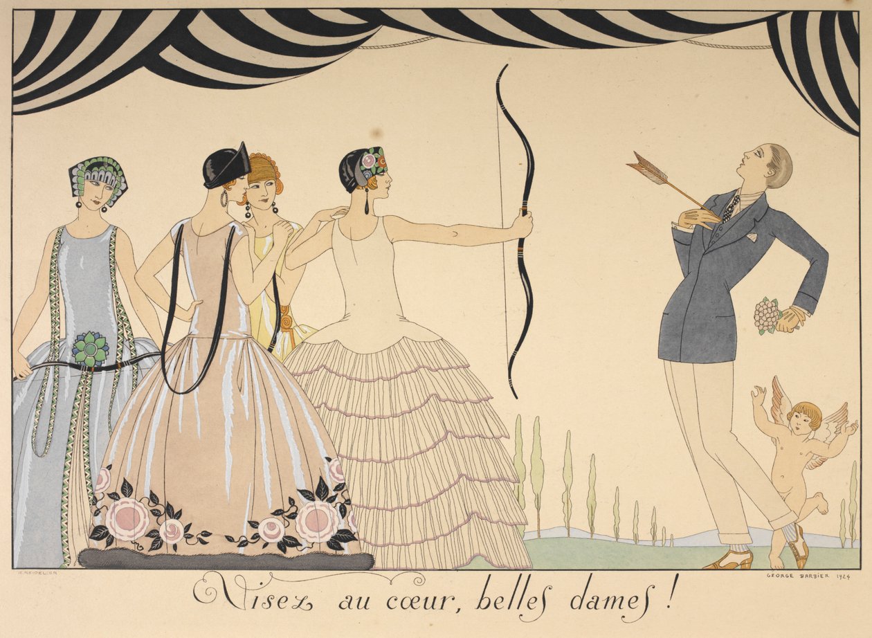 Apunten al corazón, bellas damas. Apunten al corazón, señoras. Una mujer dispara a un hombre en el corazón con una flecha. de Georges Barbier
