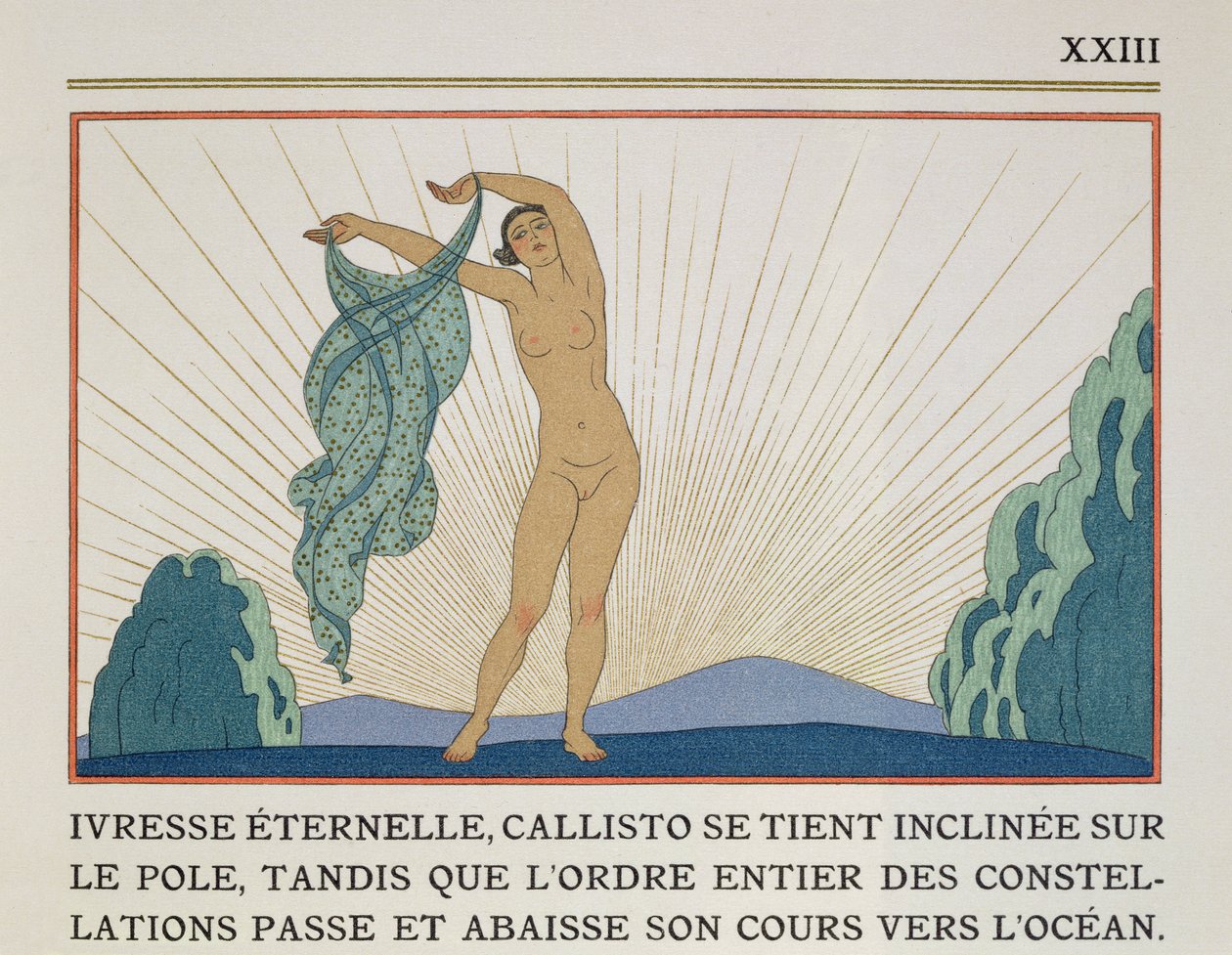 Mujer bailando, ilustración de "Les Mythes" de Paul Valery (1871-1945) publicada en 1923 (impresión en pochoir) de Georges Barbier