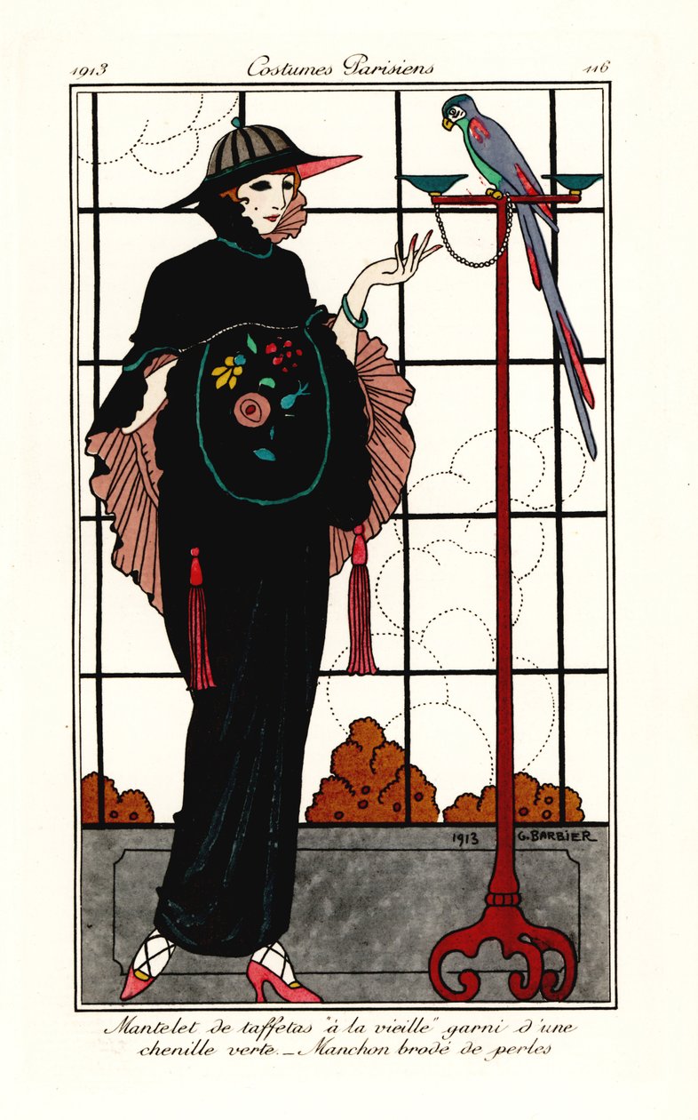 Mujer con capa de tafetán antiguo con un loro de Georges Barbier