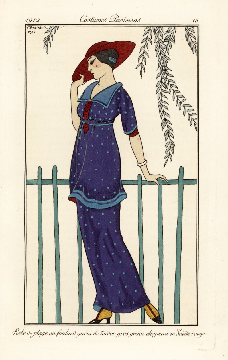 Mujer con vestido de playa de foulard decorado con grandes lunares, sombrero de ante rojo. Robe de plage en foulard garni de tussor gros grain, chapeau en suede rouge. Grabado pochoir (stencil) coloreado a mano según una ilustración de George Barbier de la de Georges Barbier