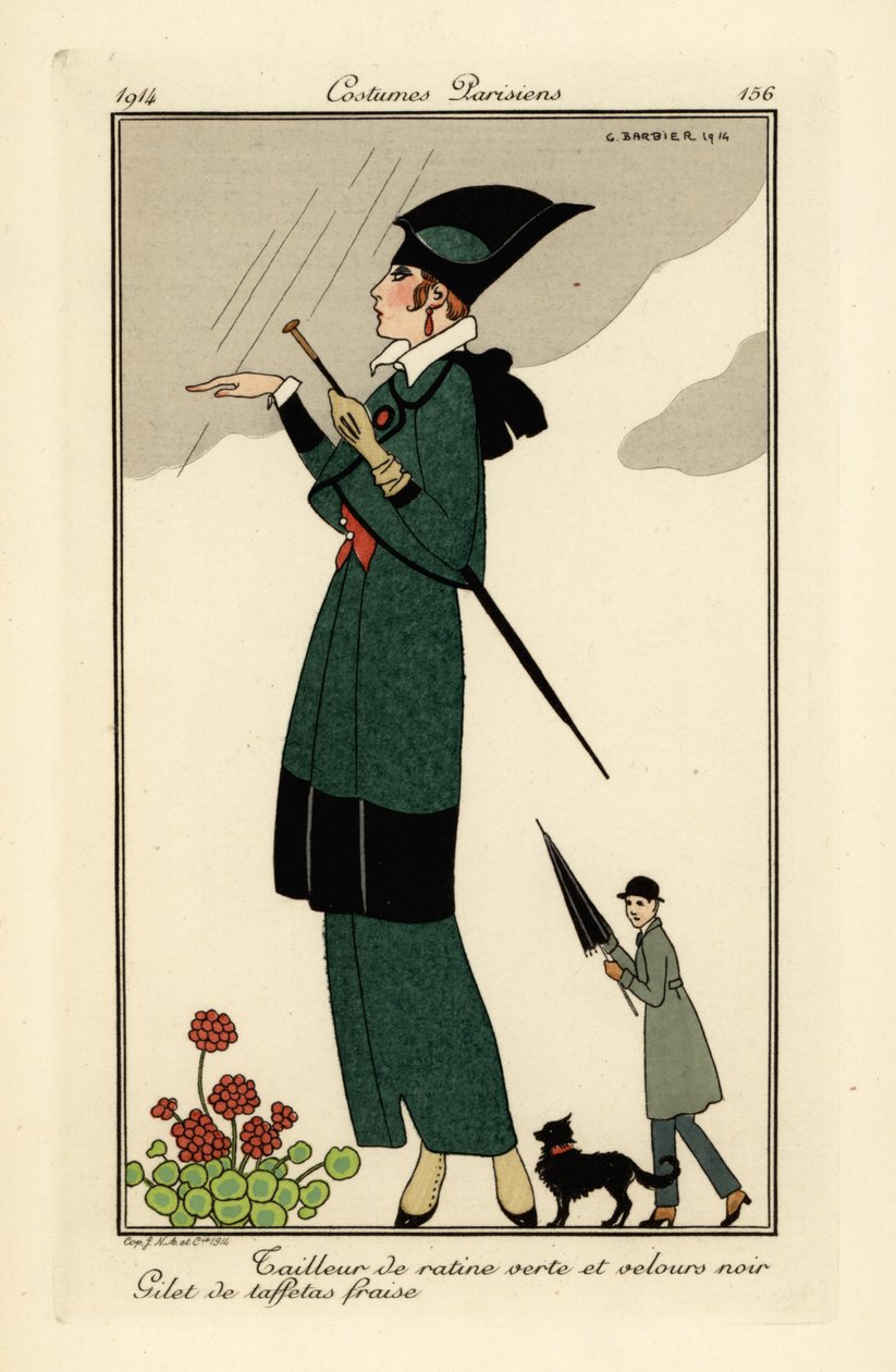 Mujer con ratín verde y traje de terciopelo negro. de Georges Barbier