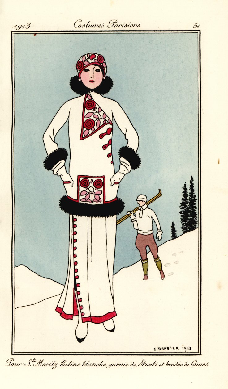 Mujer con traje para St. Moritz en friso blanco con ribete de mofetas y bordado de lana. Pour St. Maritz ratine blanche garnie de skunks et brodee de laine. Grabado pochoir (stencil) coloreado a mano según una ilustración de George Barbier de la obra de To de Georges Barbier