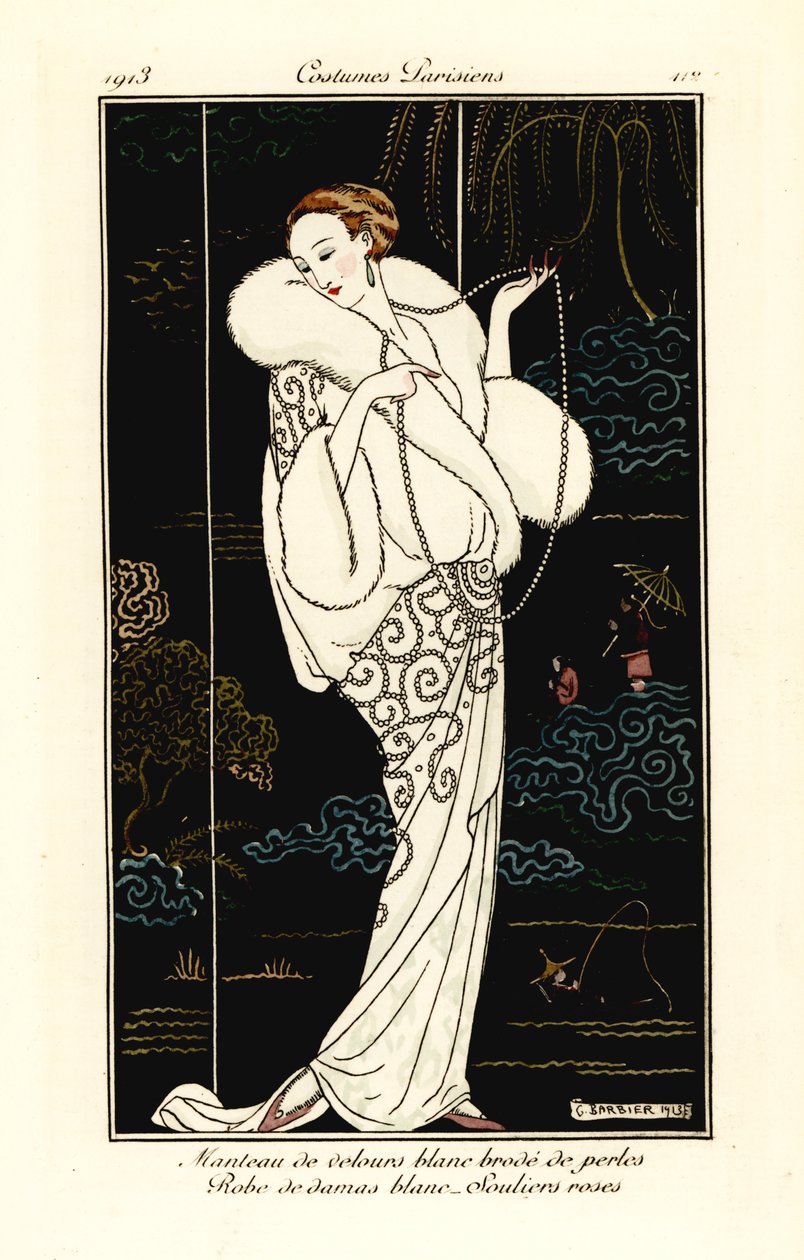 Mujer con capa de terciopelo, vestido de damasco y zapatillas rosas. de Georges Barbier