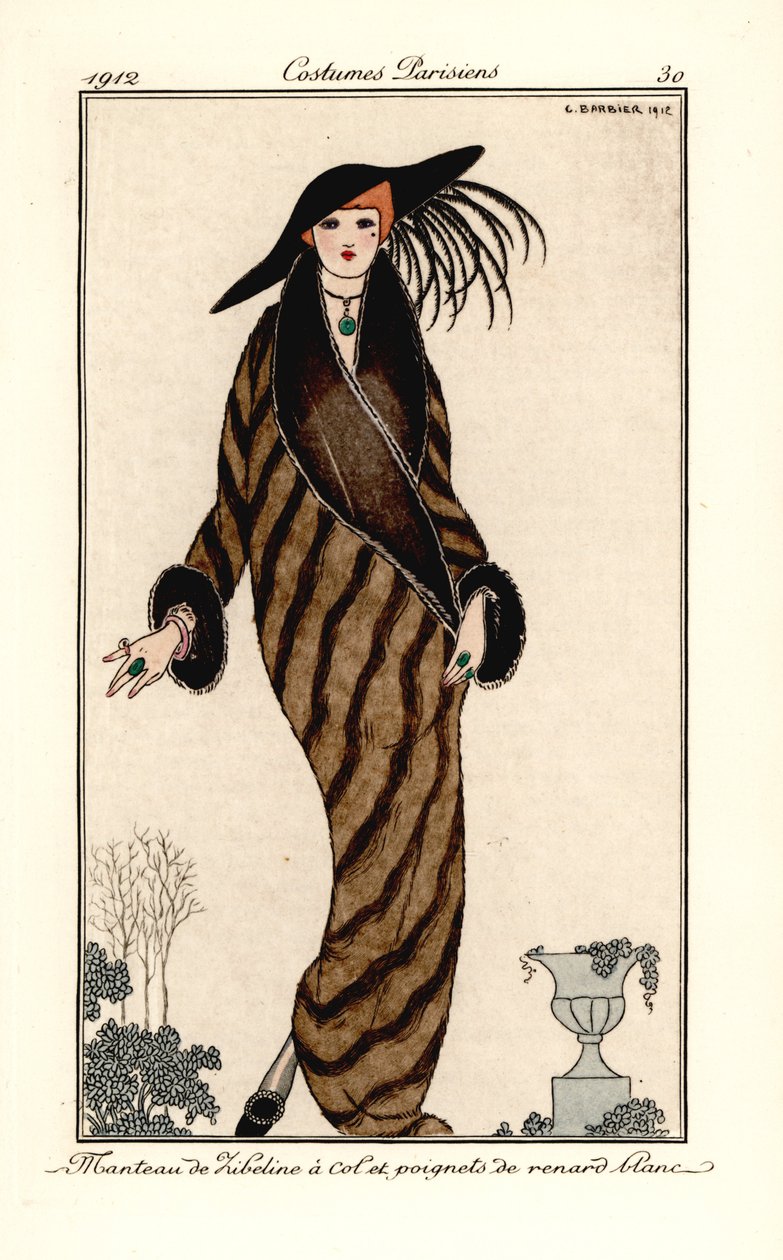 Mujer con abrigo de zibelina con cuello y puños de piel de zorro blanco. Manteau de Zibeline a col et poignets de renard blanc. Grabado pochoir (stencil) coloreado a mano según una ilustración de George Barbier del Journal des Dames et des Modes de Tommaso de Georges Barbier