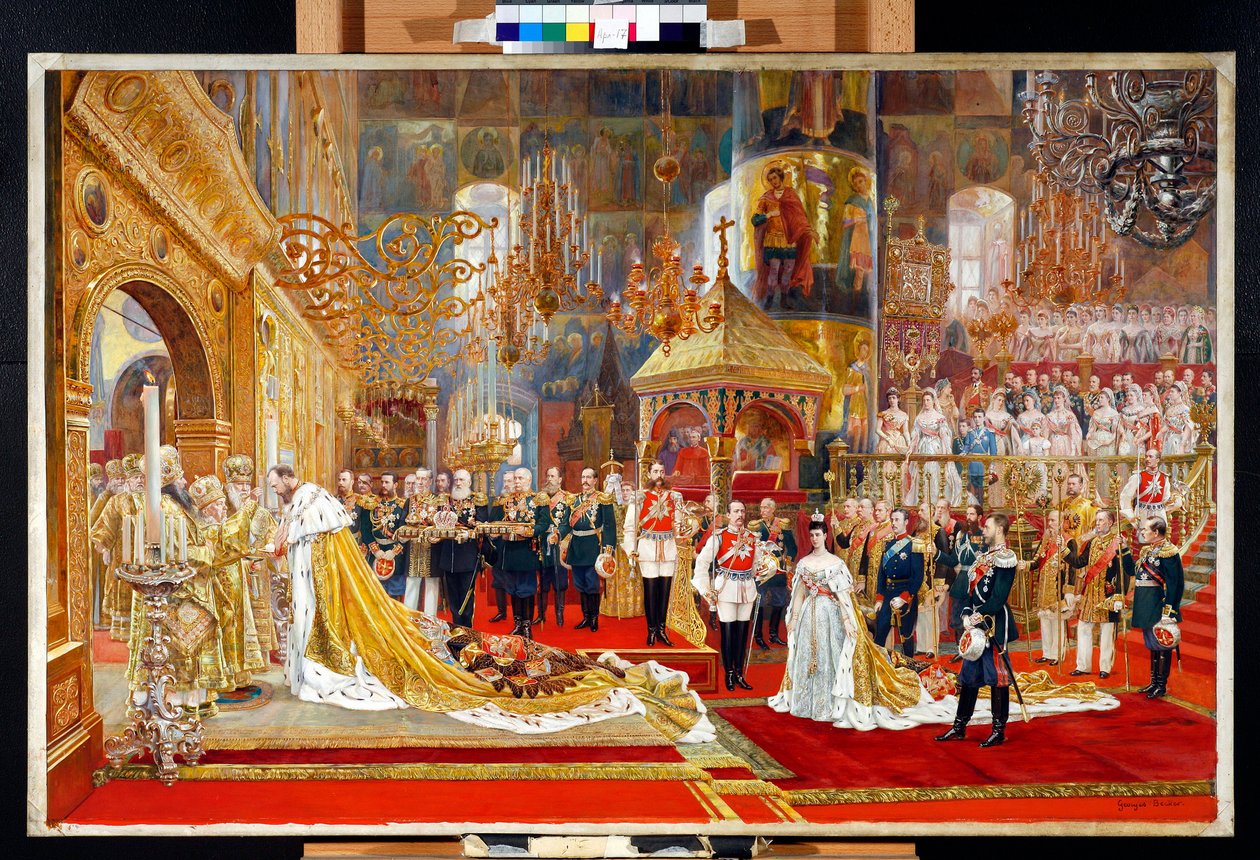 Coronación del zar Alejandro III de Rusia (1845-1894) y la emperatriz María Feodorovna (Dagmar de Dinamarca) (1847-1928) - Obra de arte de Georges Becker (1845-1909) de Georges Becker