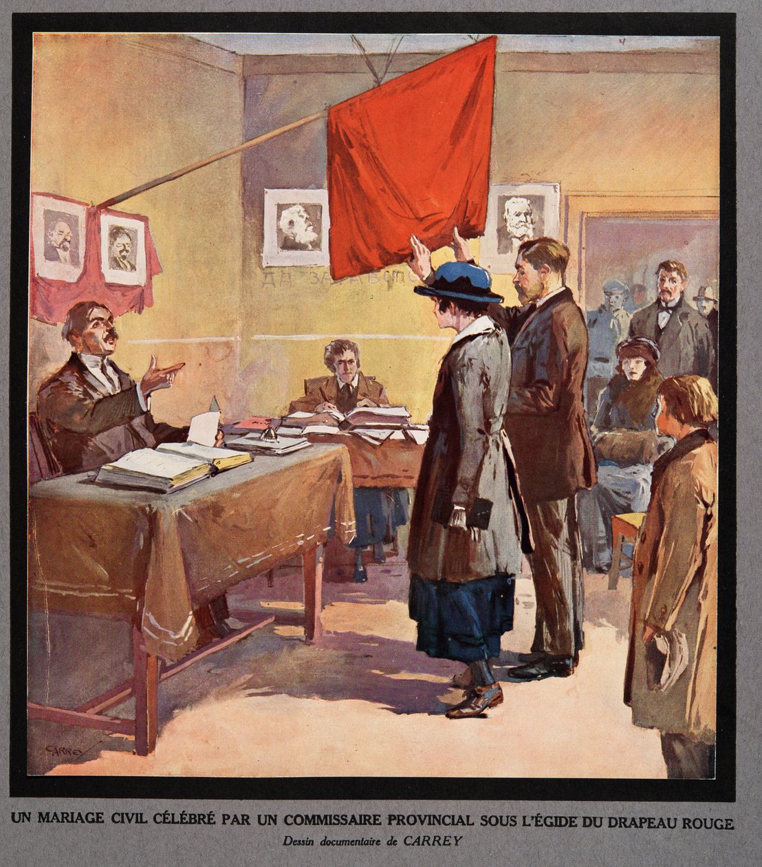 Un matrimonio civil celebrado por un comisario provincial bajo los auspicios de la Bandera Roja, de Histoire des Soviets, pub. 1922 (litografía en color) de Georges Carrey