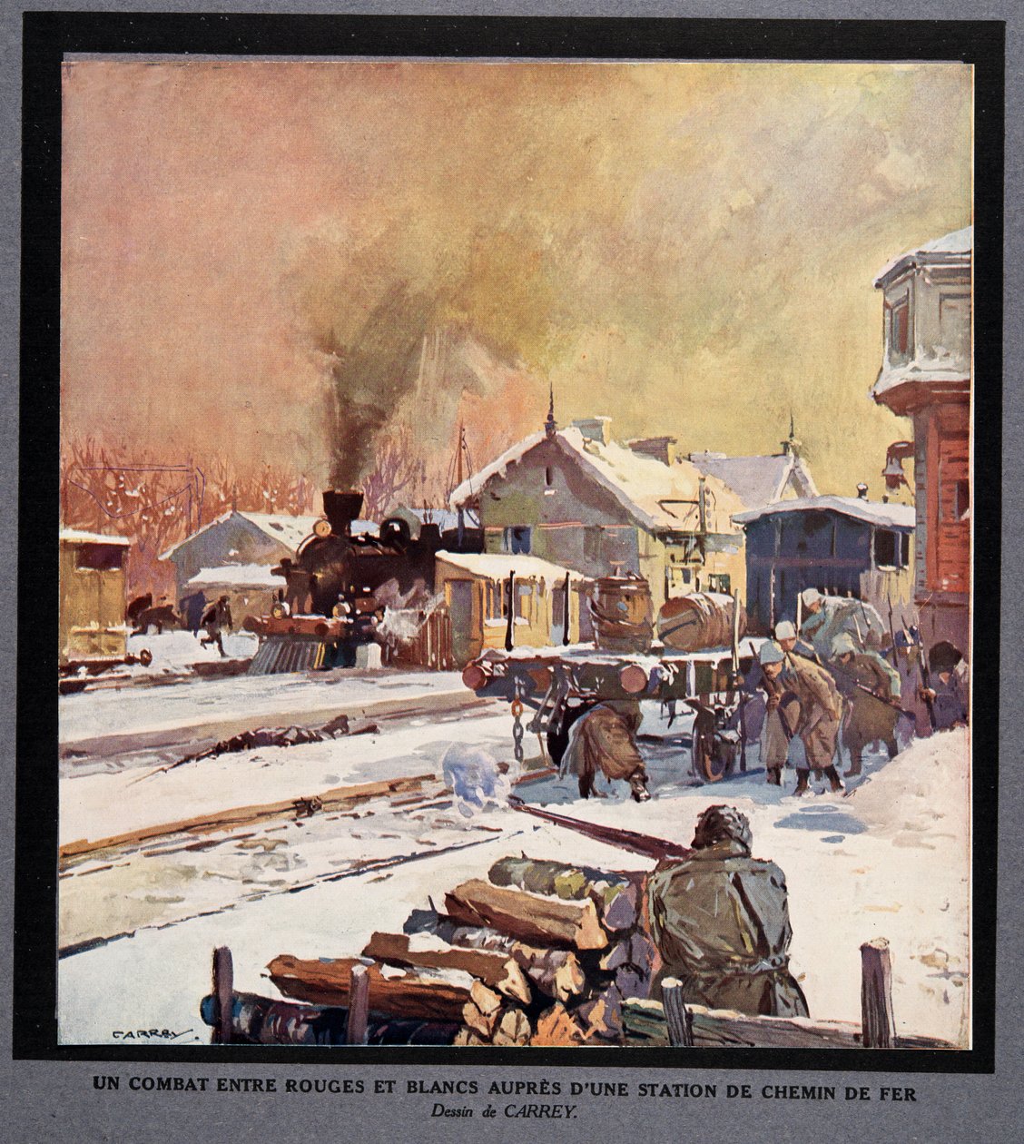 Lucha entre la Guardia Roja y la Guardia Blanca en una estación de ferrocarril, de Histoire des Soviets, pub. 1922 (litografía en color) de Georges Carrey