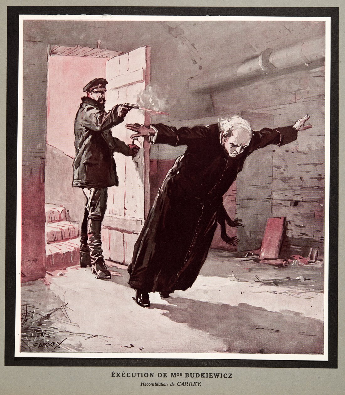 Ejecución de Monseñor Budkiewicz por la OGPU, de Histoire des Soviets, pub. 1922 (litografía en color) de Georges Carrey