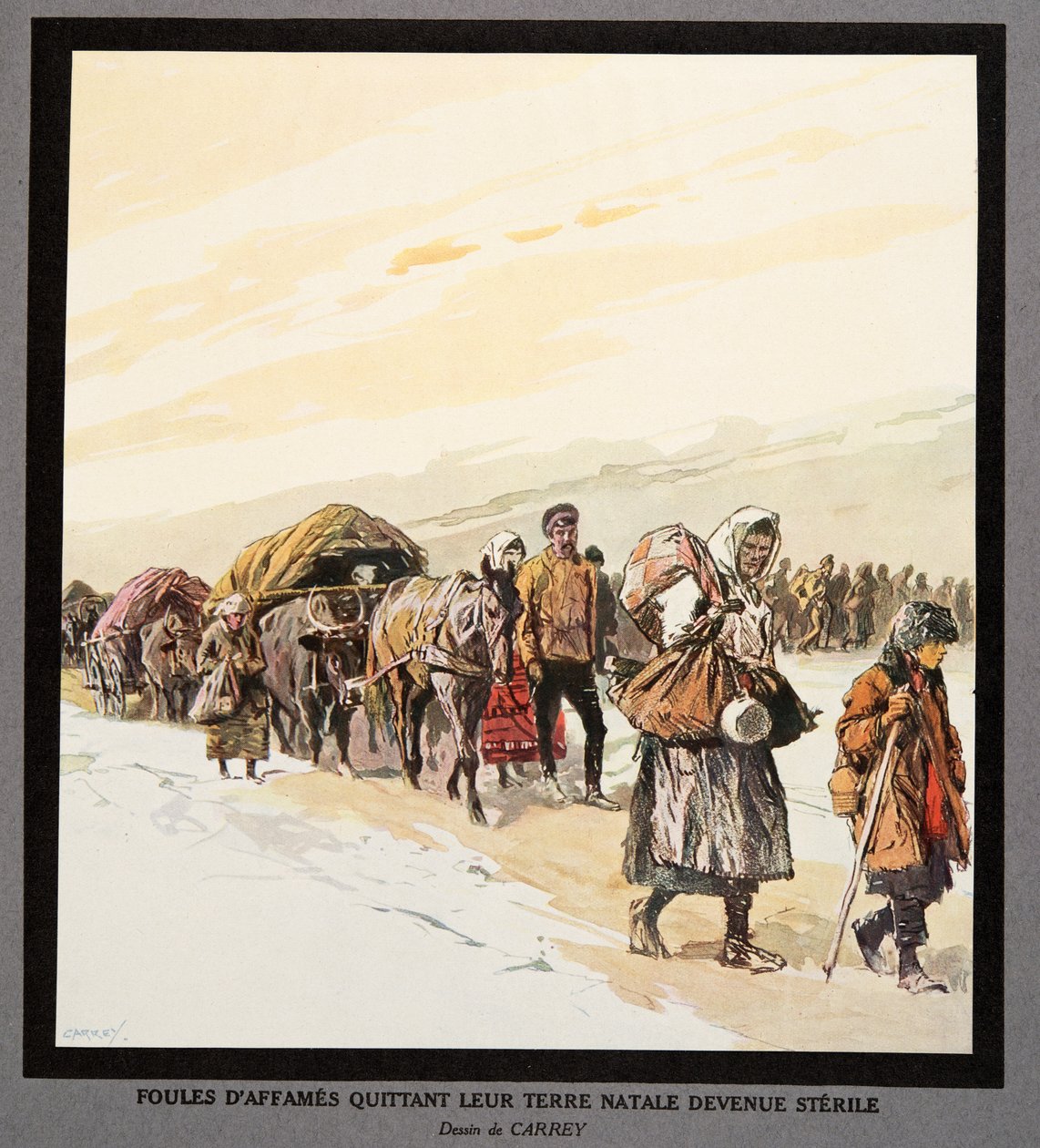 Éxodo de hambrientos de su patria, de Histoire des Soviets, pub. 1922 (litografía en color) de Georges Carrey