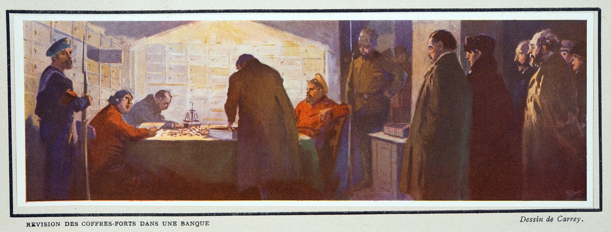 Interior de la cámara acorazada de un banco durante la Revolución, de Histoire des Soviets, pub. 1922 (litografía en color) de Georges Carrey