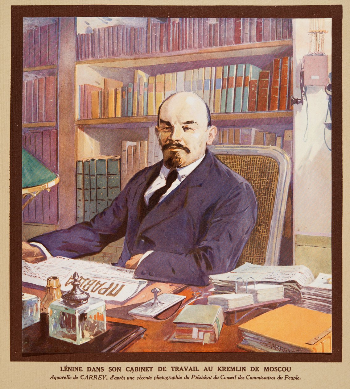 Lenin en su despacho del Kremlin de Moscú, de Histoire des Soviets, pub. 1922 (litografía en color) de Georges Carrey