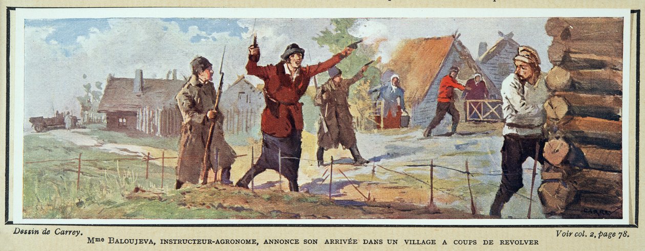 La Sra. Baloujeva, agrónoma, anuncia su llegada a un pueblo con un revólver, de Histoire des Soviets, pub. 1922 (litografía en color) de Georges Carrey