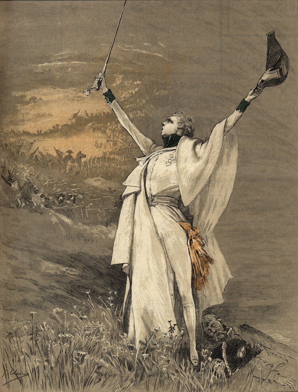 La actriz Henriette Rosine Bernard llamada Sarah Bernhardt (1844-1923) en el papel del Duque de Reichstadt (hijo del Emperador Napoleón I (1769-1821) - “el Aiglon”, Grabado por Georges Jules Victor Clairin (1843 - 1919) de 1900. de Georges Clairin