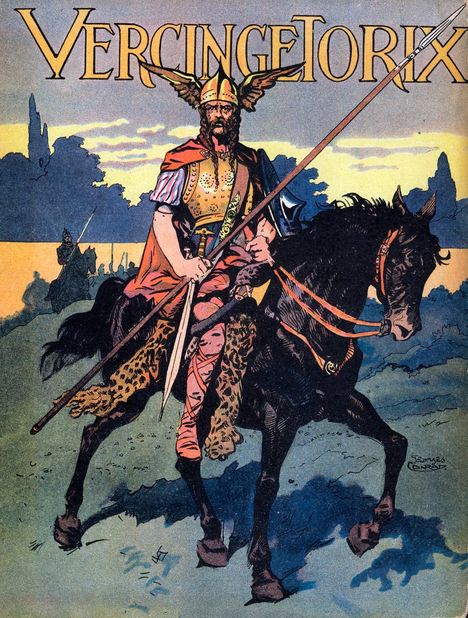 Portrait of Vercingetorix (ca. 80-c. 46 BC) warrior and Gallic leader of the Arvernes tribe" (Retrato de Vercingetorix (82 BC -46 BC) chieftain of the Arverni tribe) Ilustración de Georges Conrad (1874-1936) tomada de "Nos-Gires-Nationales" hacia 1920 de Georges Conrad