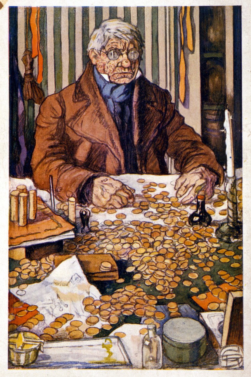 El padre Grandet contando su dinero - Ilustración en “Eugenia Grandet” por Honoré de Balzac, col. Biblioteca Ideal de Georges Dupuis