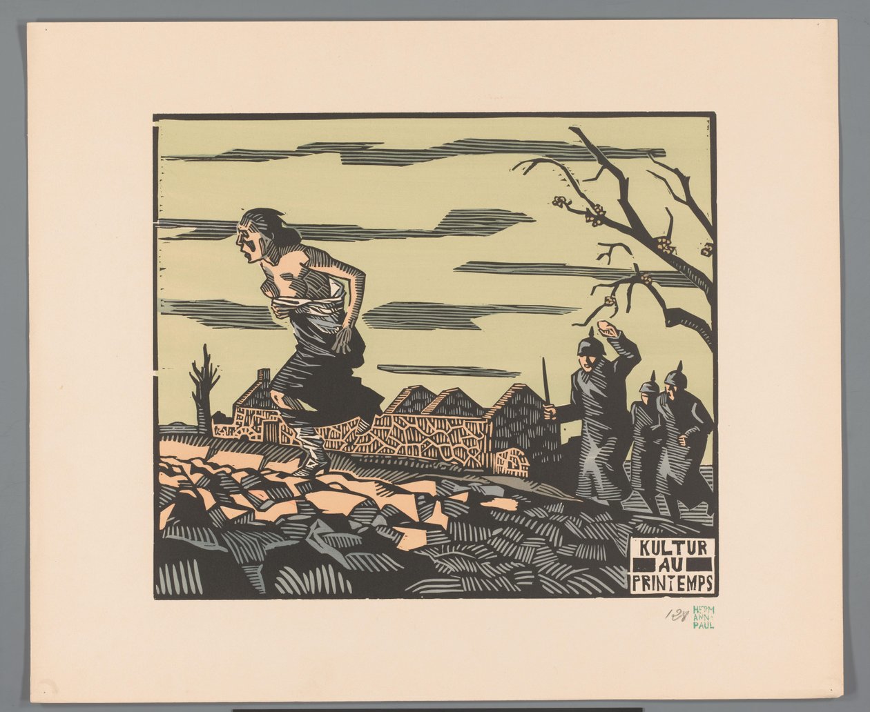 Una mujer huye medio desnuda de tres soldados a través de un campo
Kultur au printemps (título en el objeto) de Georges Hermann Rene Paul