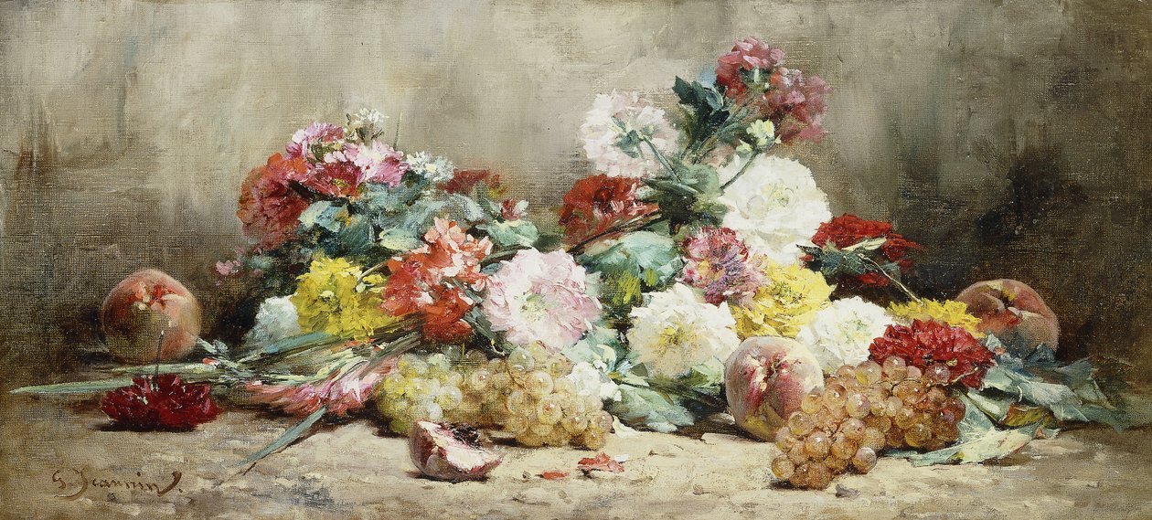 Claveles, rosas, uvas y duraznos de Georges Jeannin