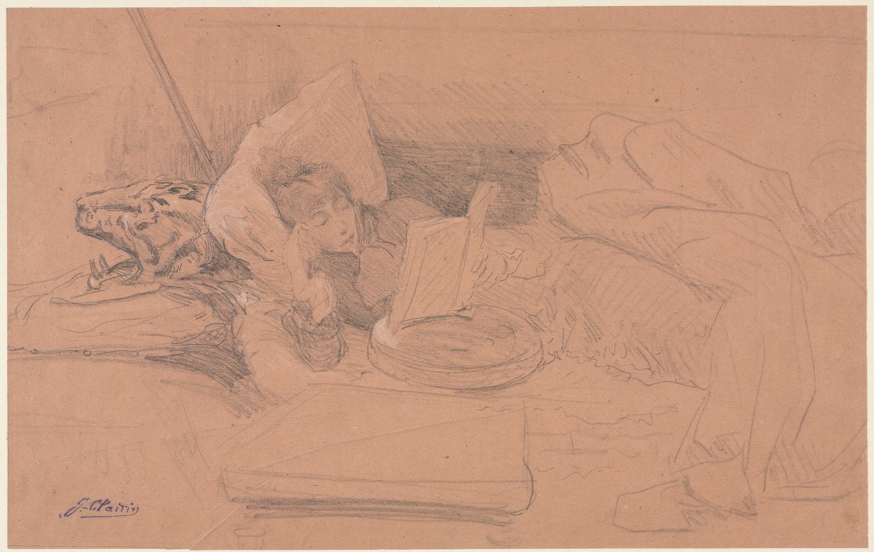 Sarah Bernhardt reclinada en un diván, leyendo de Georges Jules Victor Clairin