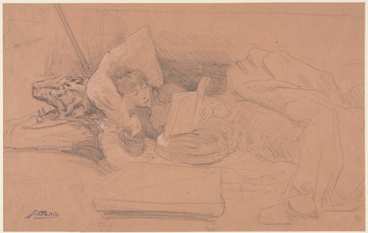 Sarah Bernhardt reclinada en un diván, leyendo, c. 1885-1890 de Georges Jules Victor Clairin