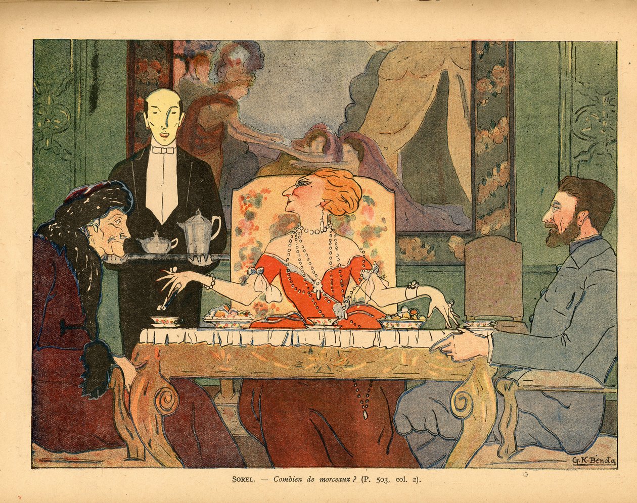 ¿Cuántos bultos (Cecile Sorel y sus invitados, un veterano del ejército y Voltaire) de Georges Kugelmann Benda
