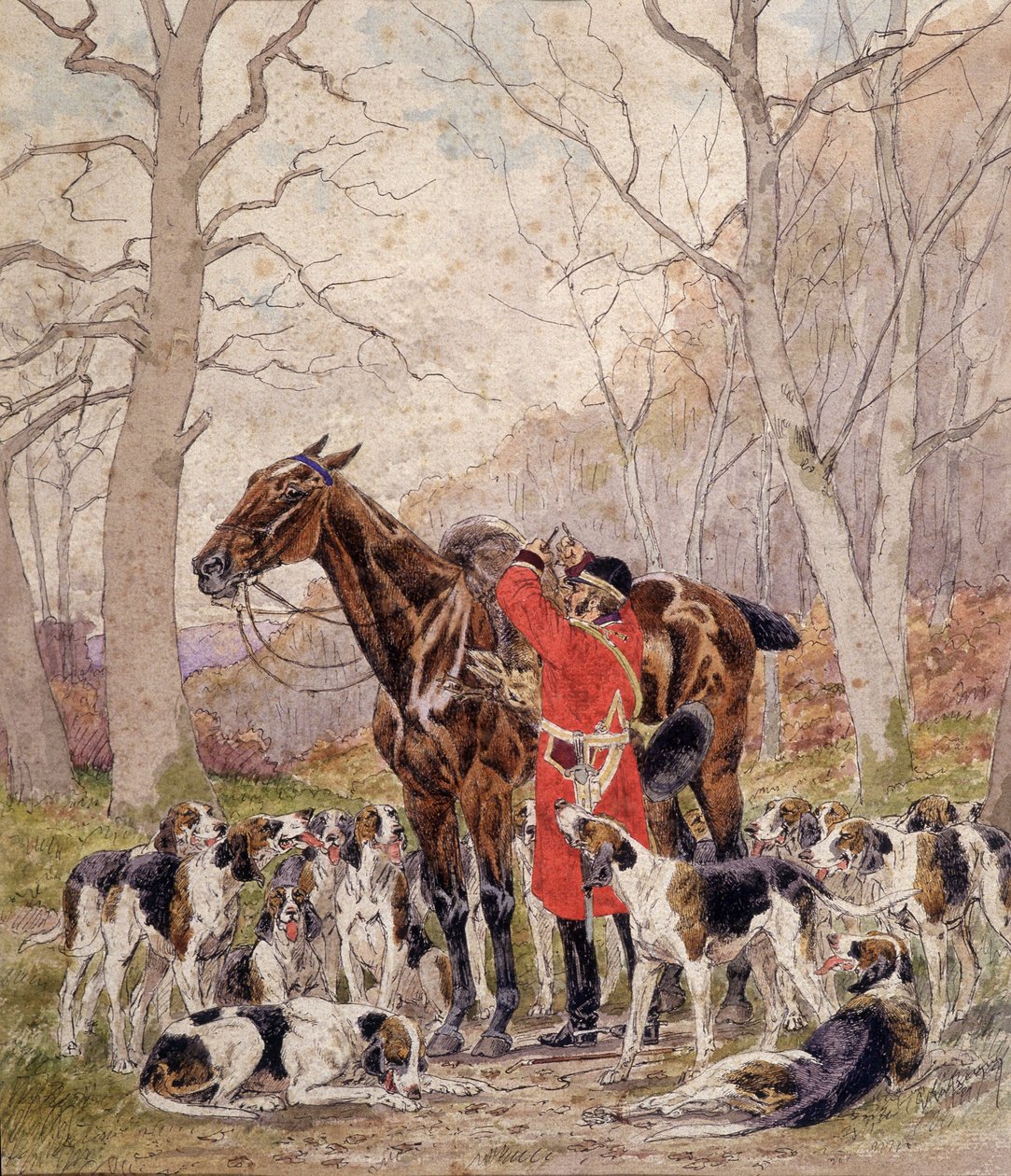 Carga sobre el caballo de un ciervo abatido durante una cacería a caballo - dibujo de Georges La Roque, hacia 1900 de Georges La Roque