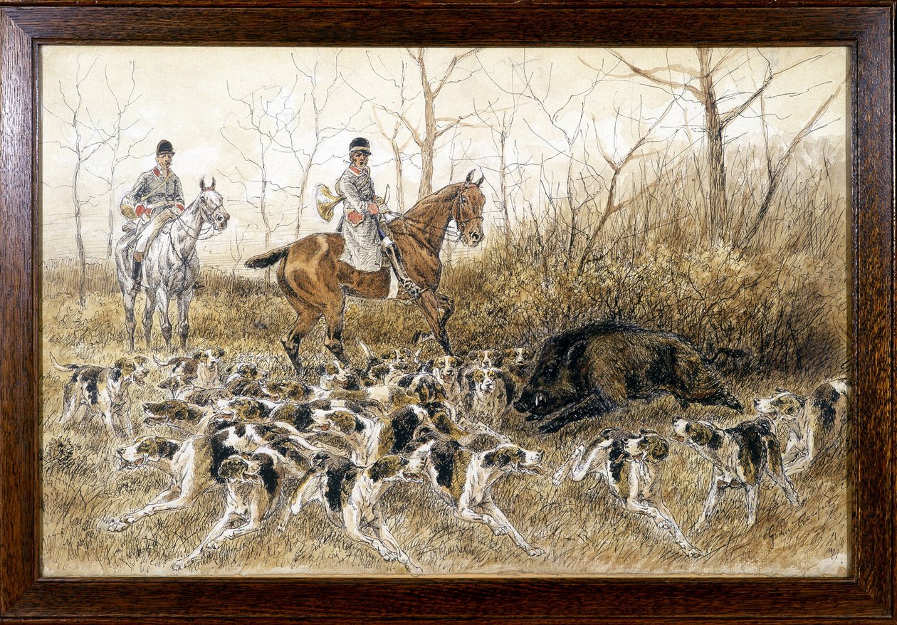 Manada de perros alrededor de un jabalí en una cacería - dibujo de Georges La Roque, hacia 1900 de Georges La Roque