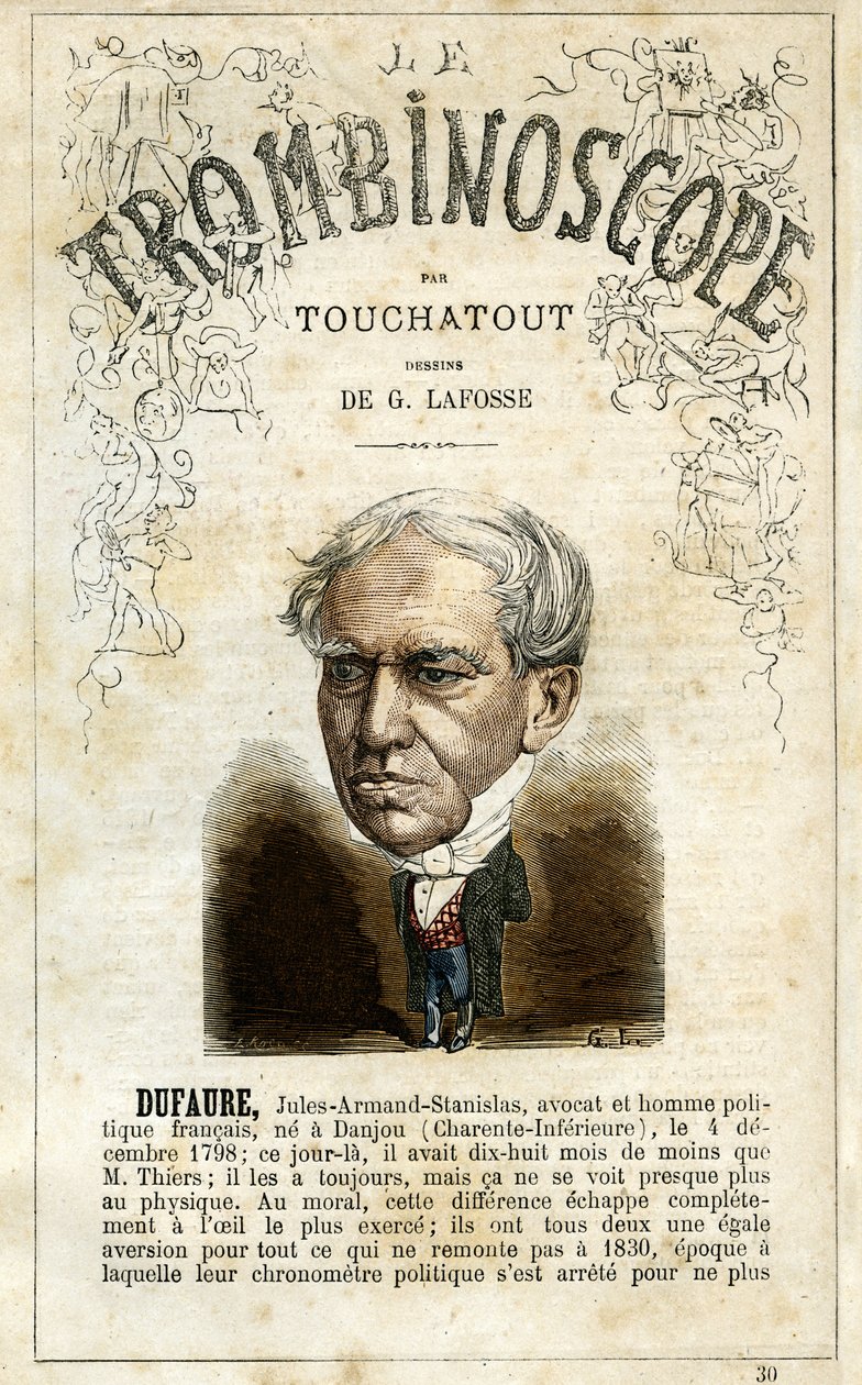 Jules Armand DUFAURE (1798-1881) - ilustración de "Le Trombinoscope", periódico político satírico de Leon-Charles Bienvenu, conocido como Touchatout (1835-1910) monografía N. 30, París, marzo de 1872. de Georges Lafosse