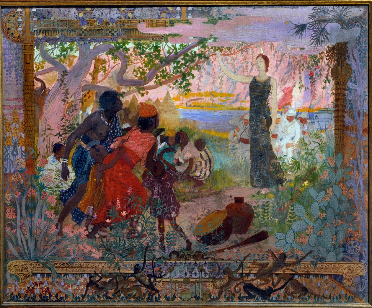 Arte académico o bombero: “La conquista de África” Alegoría sobre el colonialismo que representa a una joven mujer blanca avanzando solemnemente hacia familias africanas asustadas. París, Museo de Luxemburgo de Georges Marie Rochegrosse