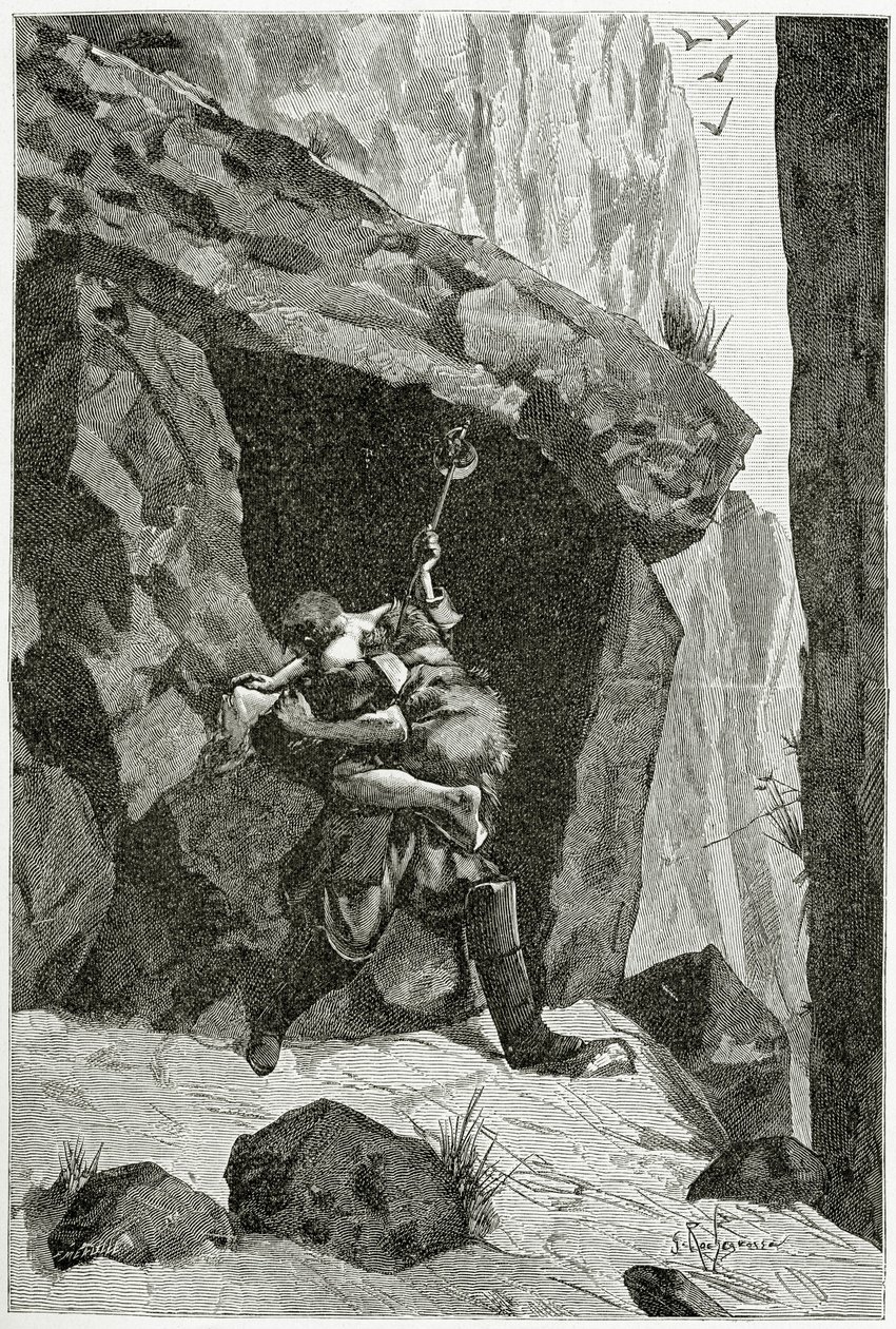Combate de Han de Islandia y Ordener - ilustración de Han de Islandia, siglo XIX (grabado en blanco y negro) de Georges Marie Rochegrosse
