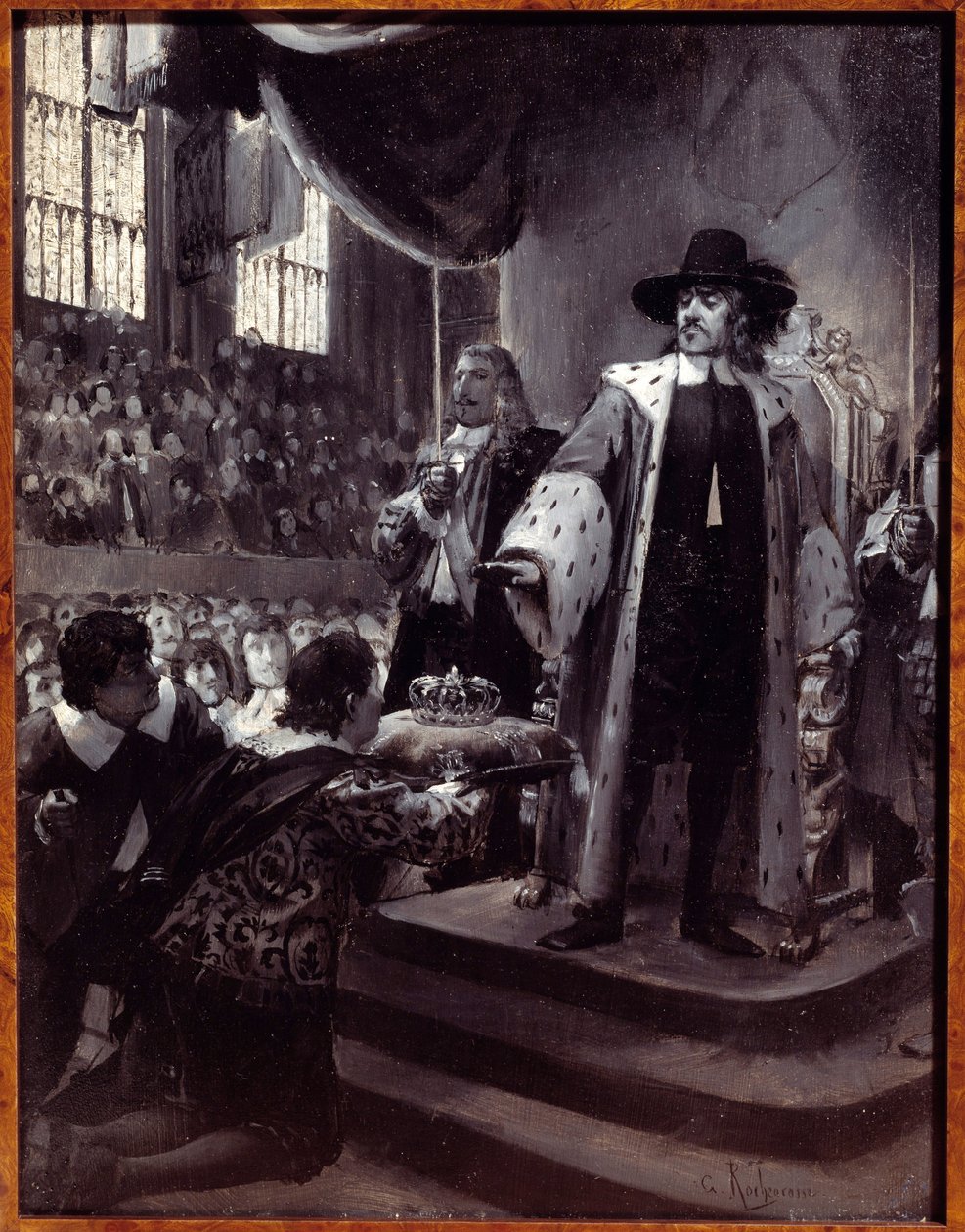 Oliver Cromwell (1599-1658) rechazando la corona. El Lord Protector de la República de Gran Bretaña fue propuesto para la corona por la Humble Petition and Advice (Nuevo Parlamento) en 1658. Grisalla sobre madera de Georges Antoine Rochegrosse (1859-1938)  de Georges Marie Rochegrosse