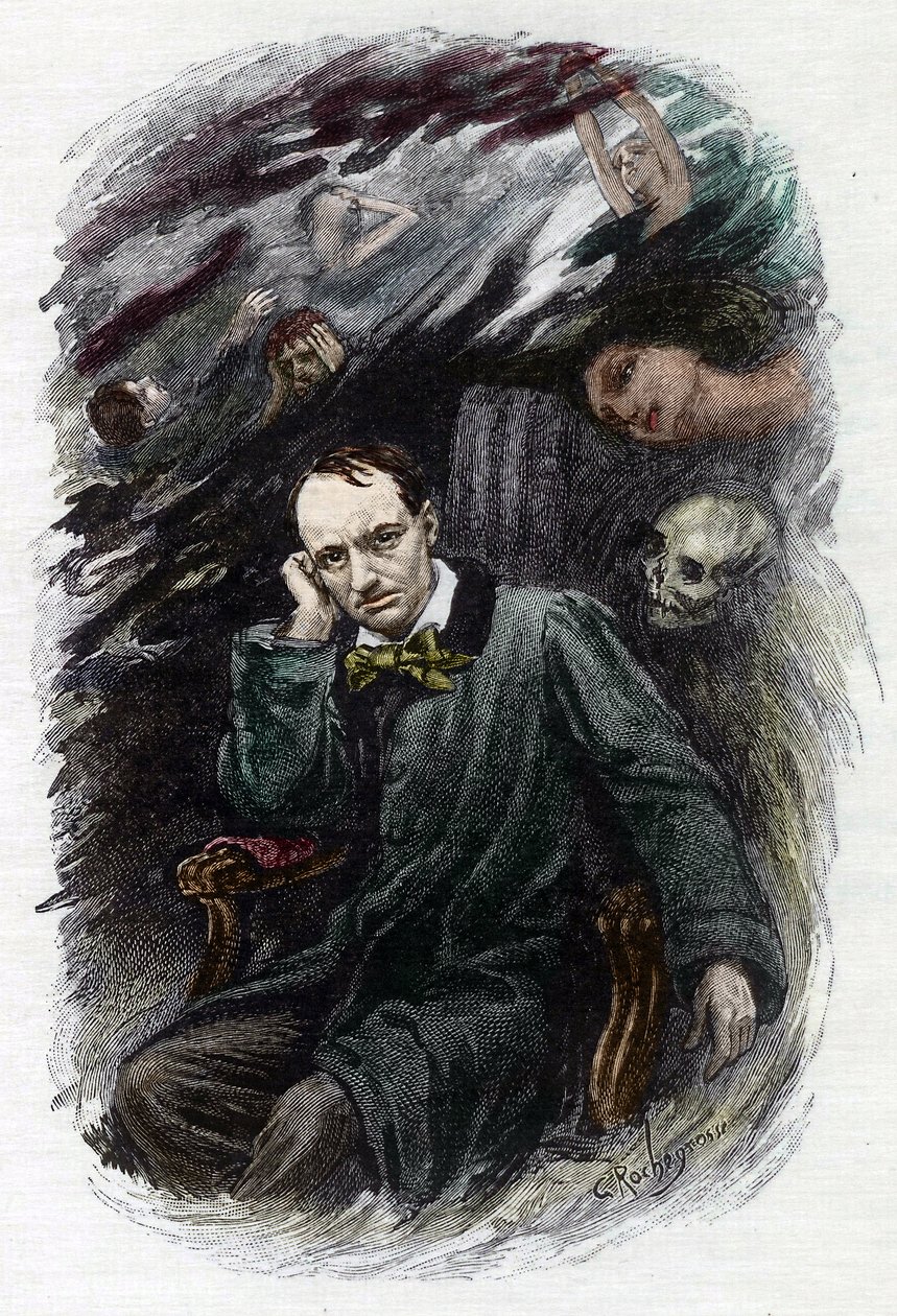 Retrato del poeta francés Charles Baudelaire (1827-1861) rodeado de fantasmas (Representación del poeta romántico francés Charles Baudelaire rodeado de fantasmas, ilustración para "Las flores del mal") Ilustración de Georges Antoine Rochegrosse (1859-19 de Georges Marie Rochegrosse