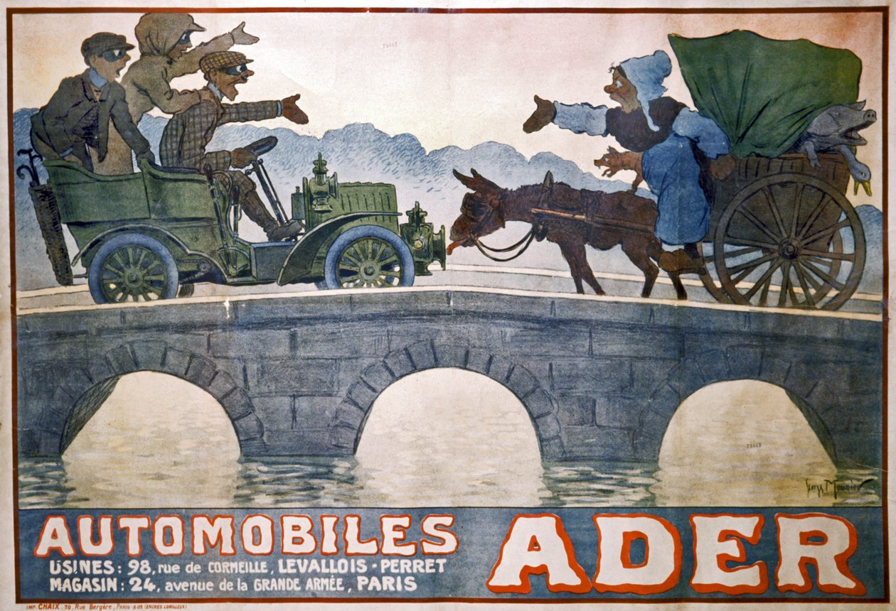 Conflicto entre el carro y el coche, c.1910 (cartel) de Georges Meunier