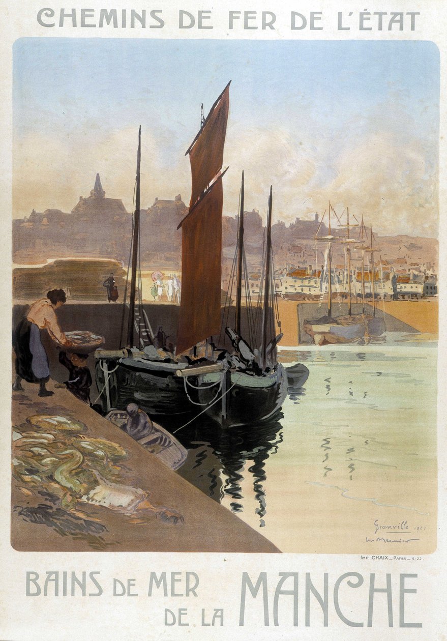Los baños de mar de la Mancha (Vista del puerto de Granville) - Cartel de los Ferrocarriles del Estado, por Meunier de Georges Meunier