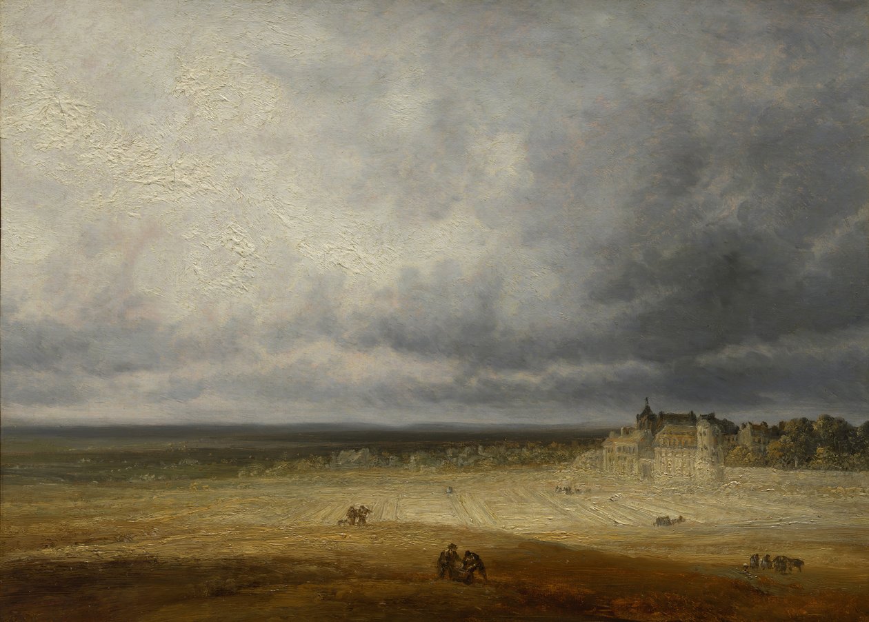 Paisaje con un campo arado y un pueblo, probablemente después de 1827 de Georges Michel