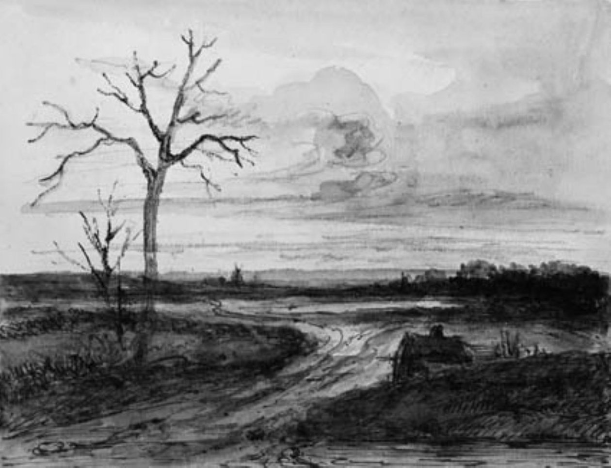 Paisaje desolado con camino y árbol sin hojas de Georges Michel